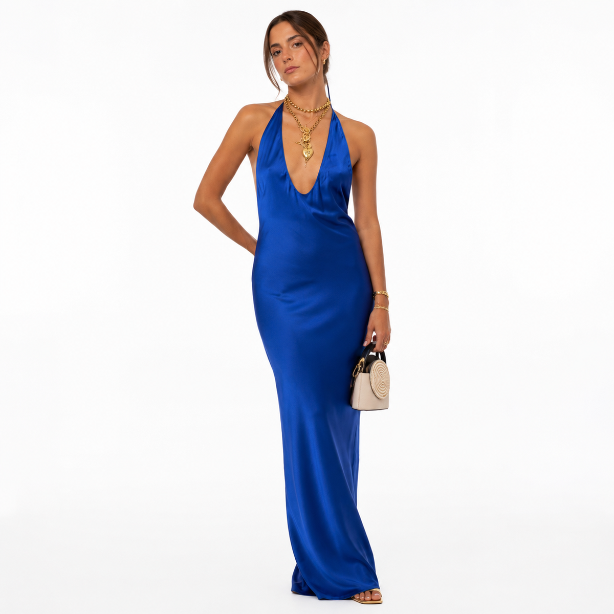 Elegant Royal Blue Satin Halter Dress