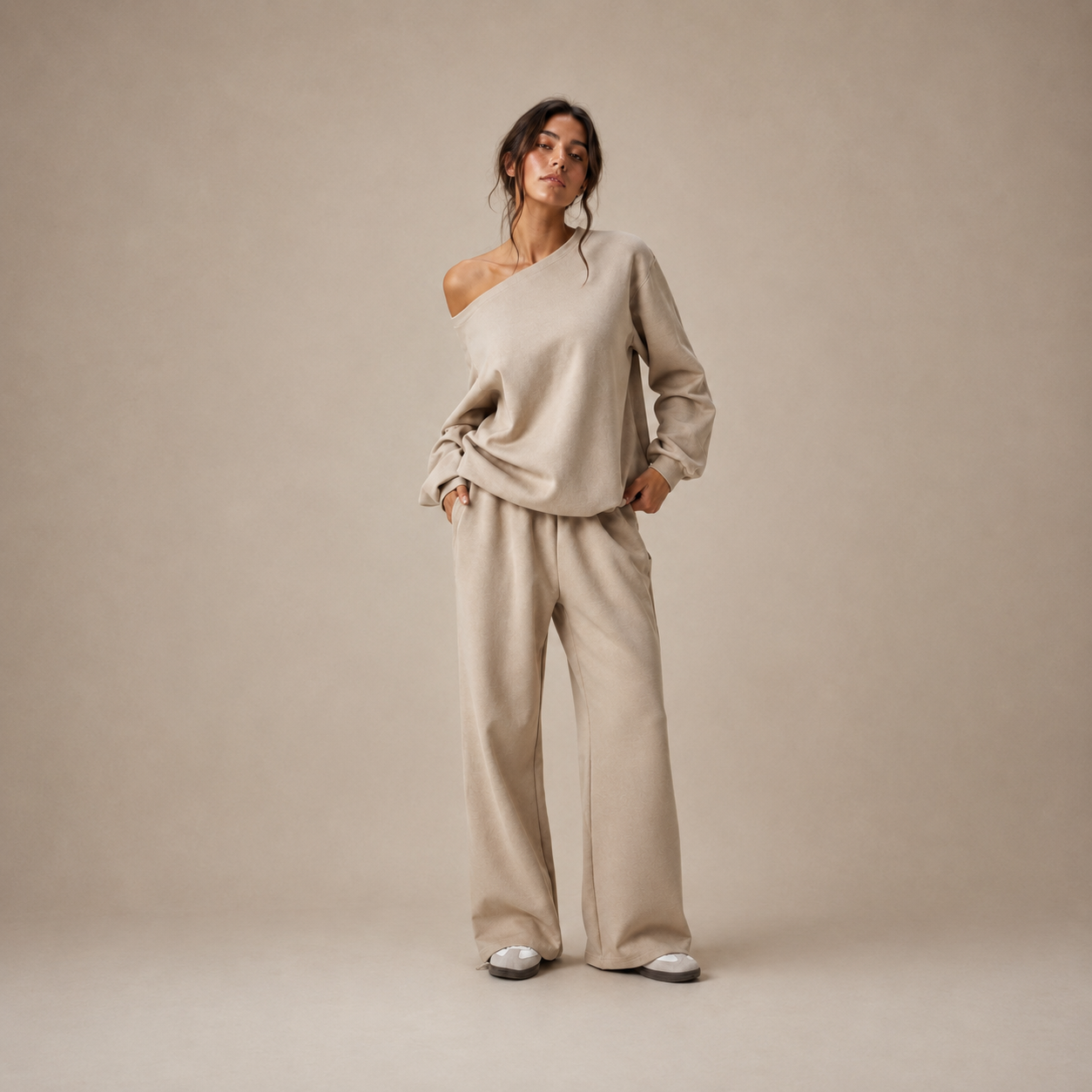 Off-Shoulder Beige Lounge Set