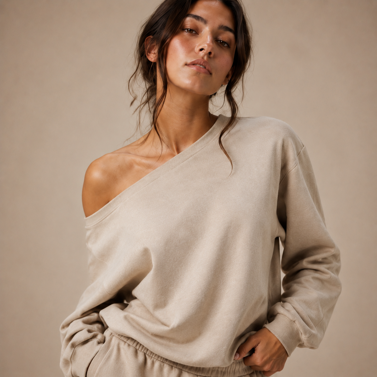 Off-Shoulder Beige Lounge Set