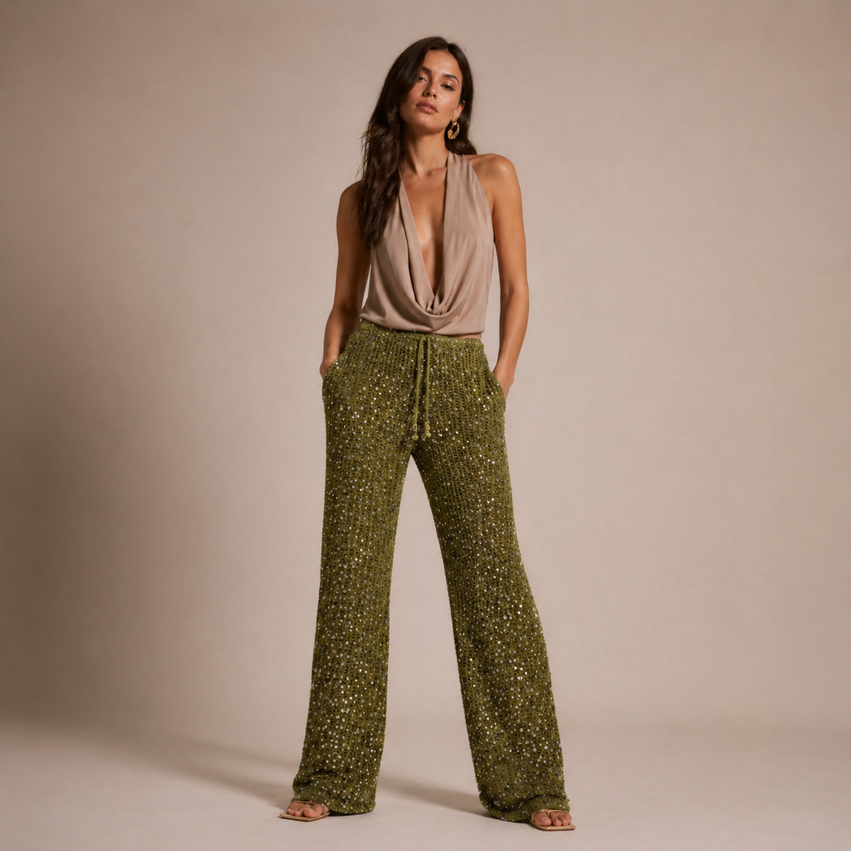 Olive Wide-Leg Knit Pants with Sequin Detailing – Sparkling Elegance