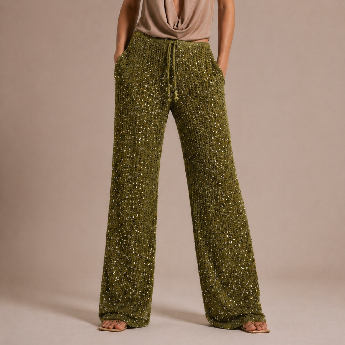Olive Wide-Leg Knit Pants with Sequin Detailing – Sparkling Elegance