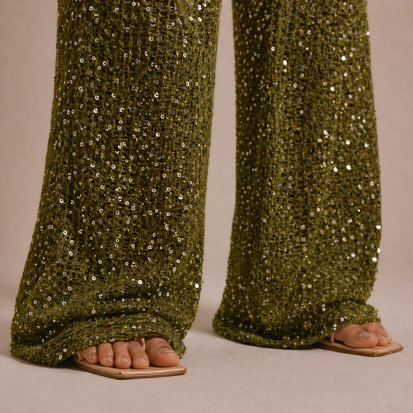 Olive Wide-Leg Knit Pants with Sequin Detailing – Sparkling Elegance
