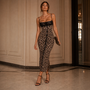 Leopard Print Midi Dress with Thin Straps and Black Lace