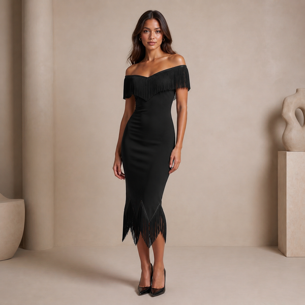 Off-Shoulder Fringe Midi Dress
