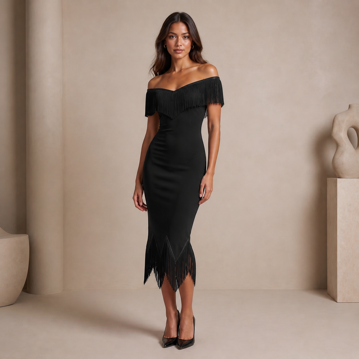 Off-Shoulder Fringe Midi Dress