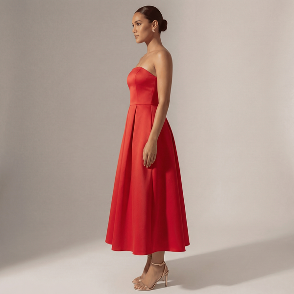 Trägerloses Midikleid – Elegantes ausgestelltes Abendkleid
