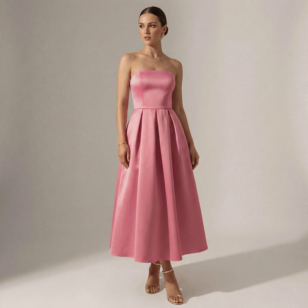 Strapless Midi Dress – Elegant Flared Evening Dress