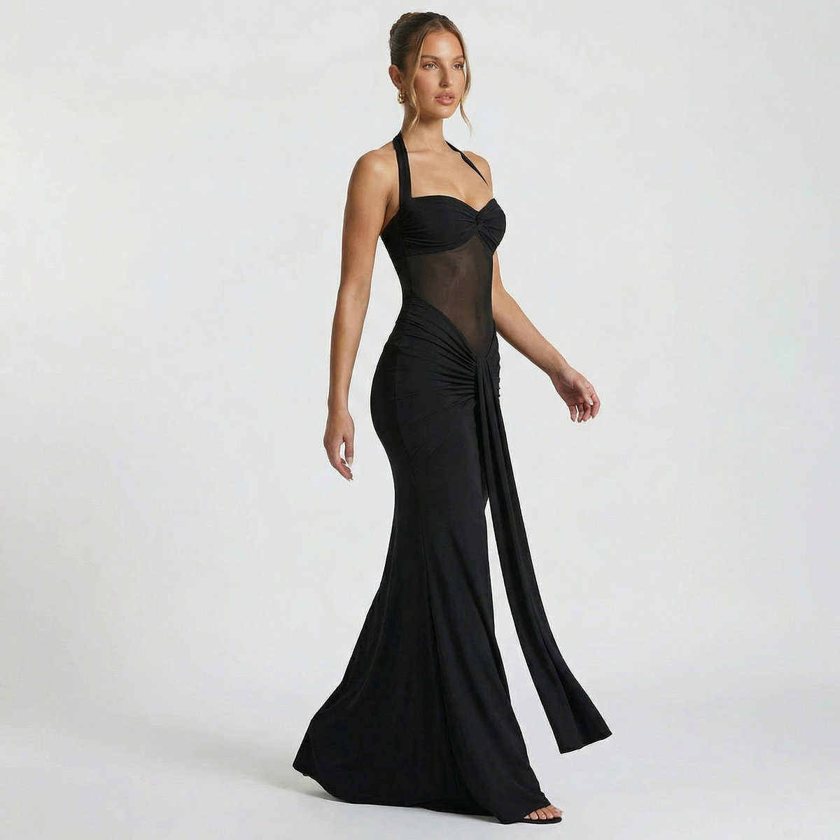 Elegant Black Ruched Halter Neck Dress – Sleek, Sexy, and Timeless