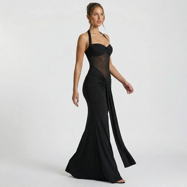 Elegant Black Ruched Halter Neck Dress – Sleek, Sexy, and Timeless