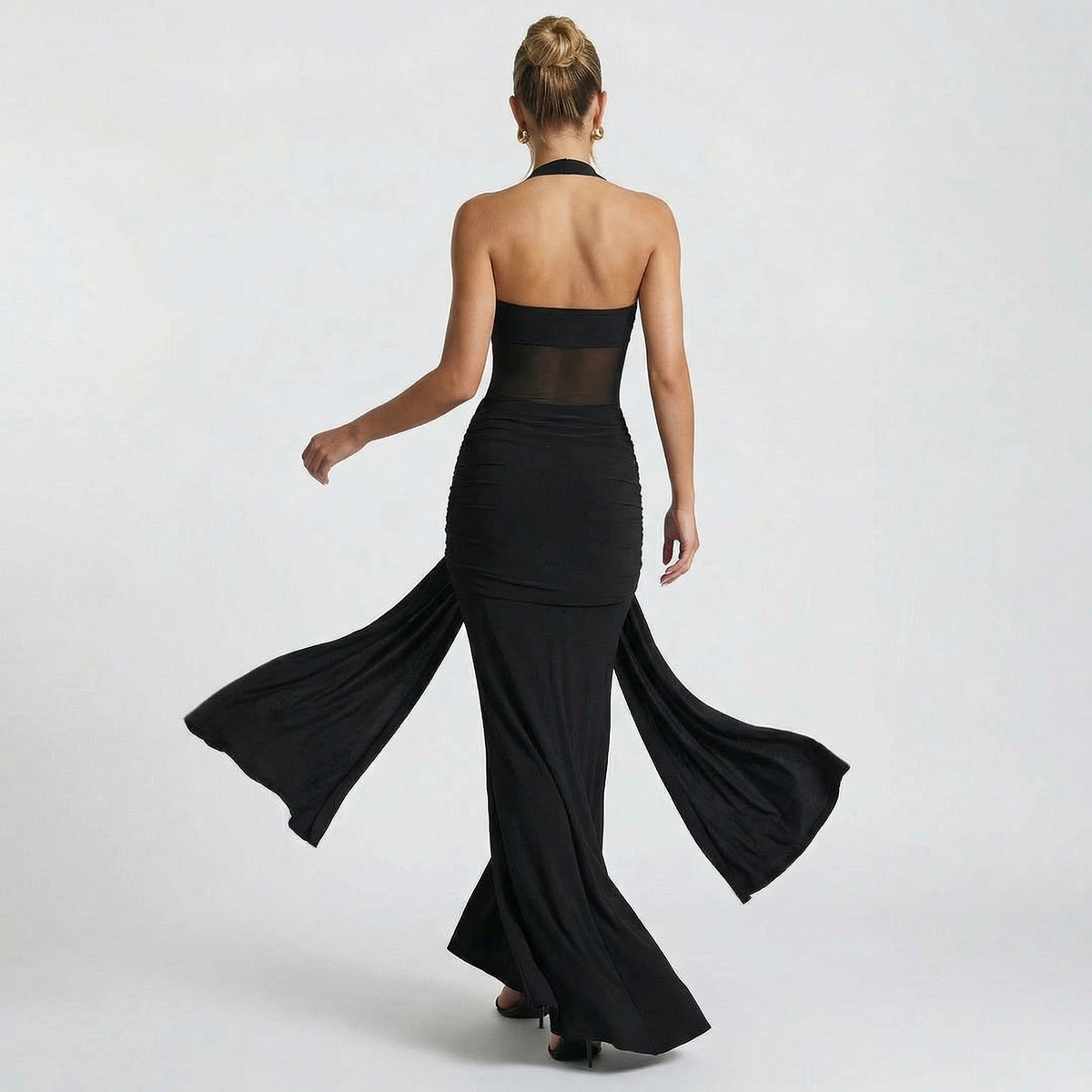 Elegant Black Ruched Halter Neck Dress – Sleek, Sexy, and Timeless