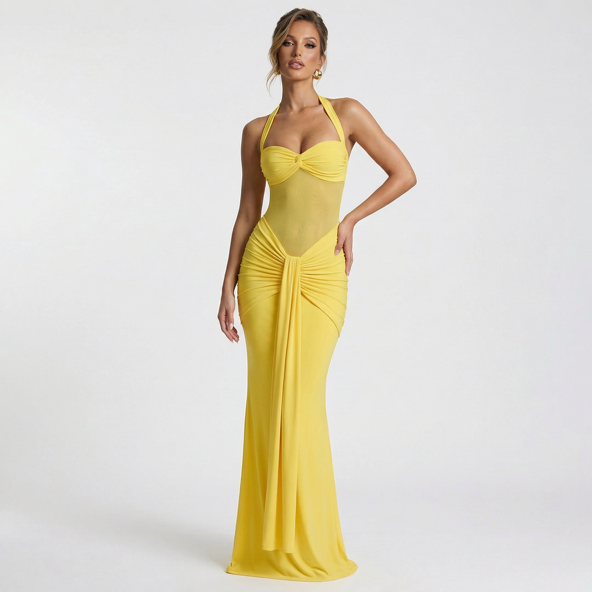 Elegant Black Ruched Halter Neck Dress – Sleek, Sexy, and Timeless