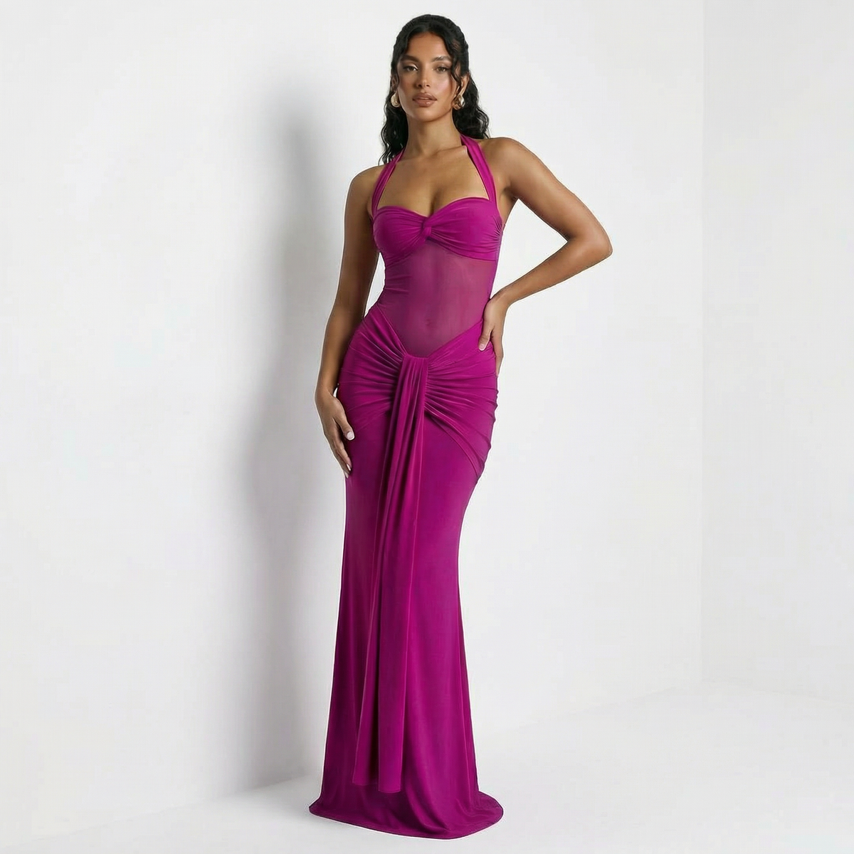 Elegant Black Ruched Halter Neck Dress – Sleek, Sexy, and Timeless