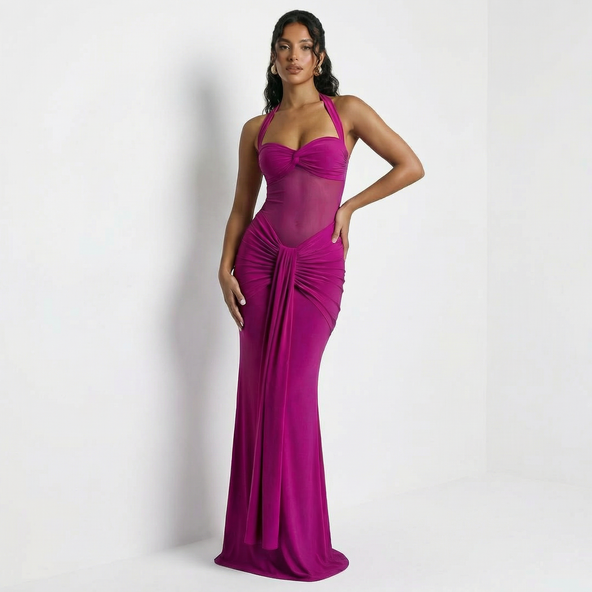 Elegant Black Ruched Halter Neck Dress – Sleek, Sexy, and Timeless