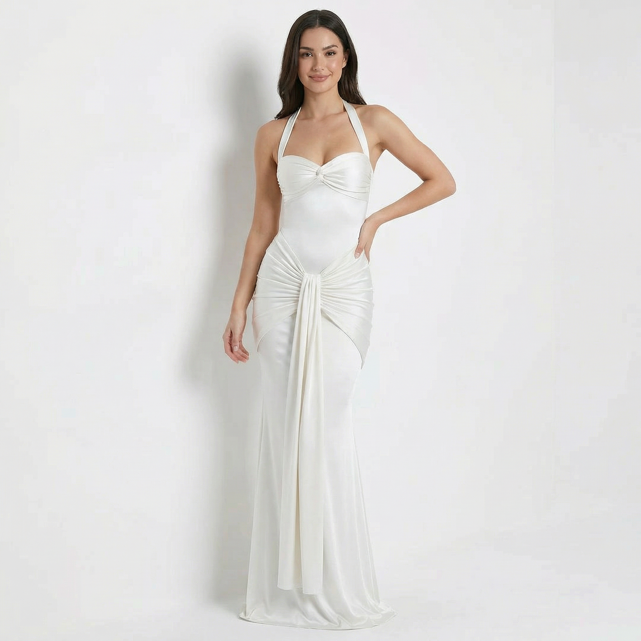 Elegant Black Ruched Halter Neck Dress – Sleek, Sexy, and Timeless