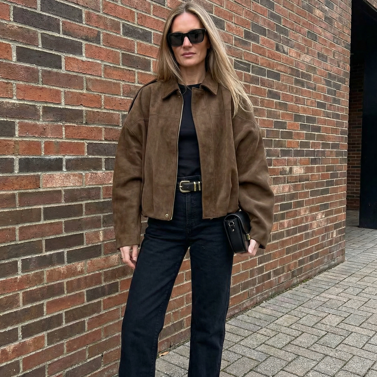 Oversized Brown Suede Bomber Jacket