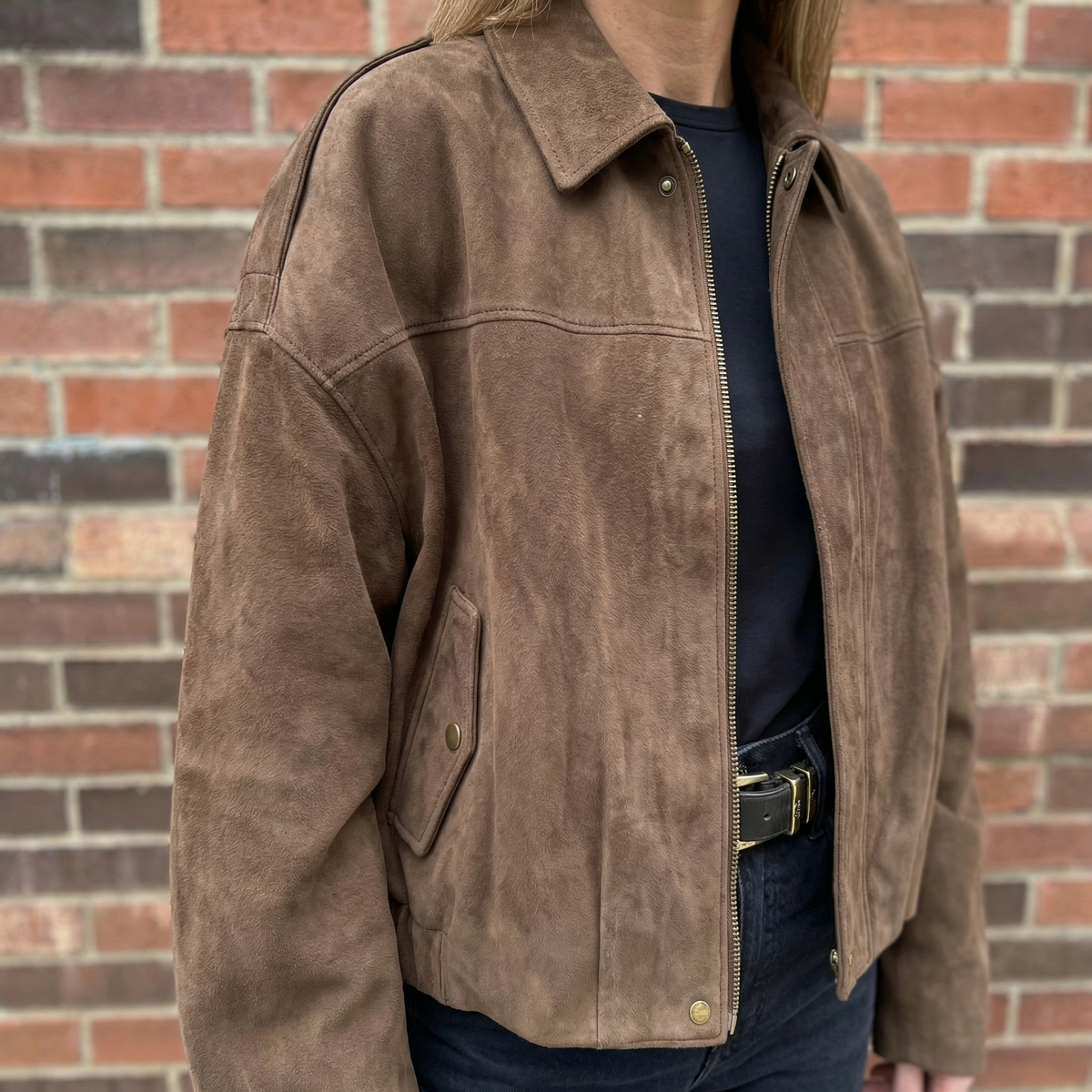 Oversized Brown Suede Bomber Jacket