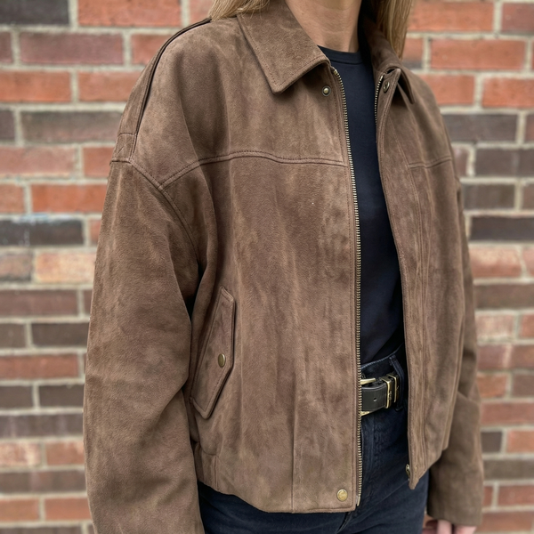 Oversized Brown Suede Bomber Jacket