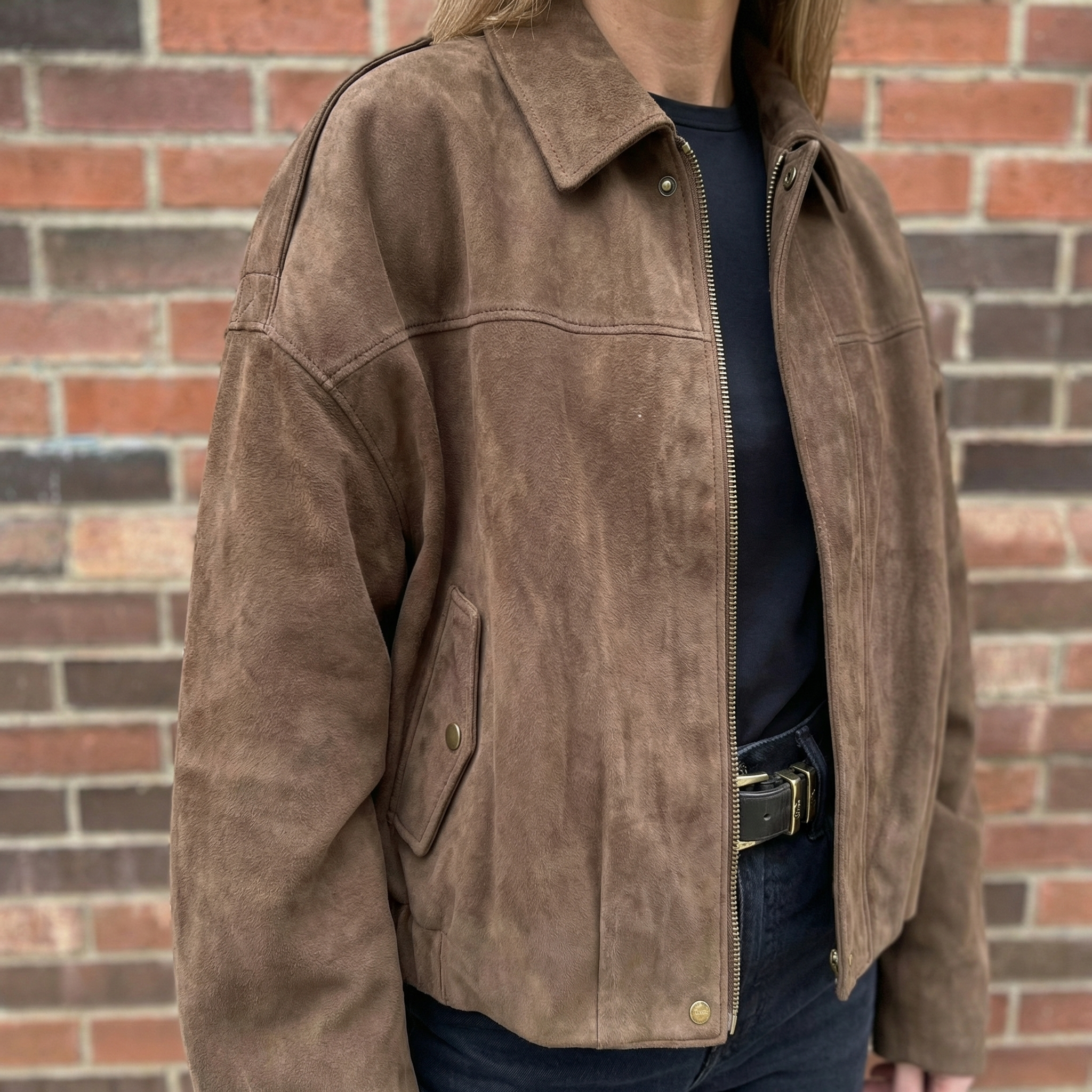 Oversized Brown Suede Bomber Jacket