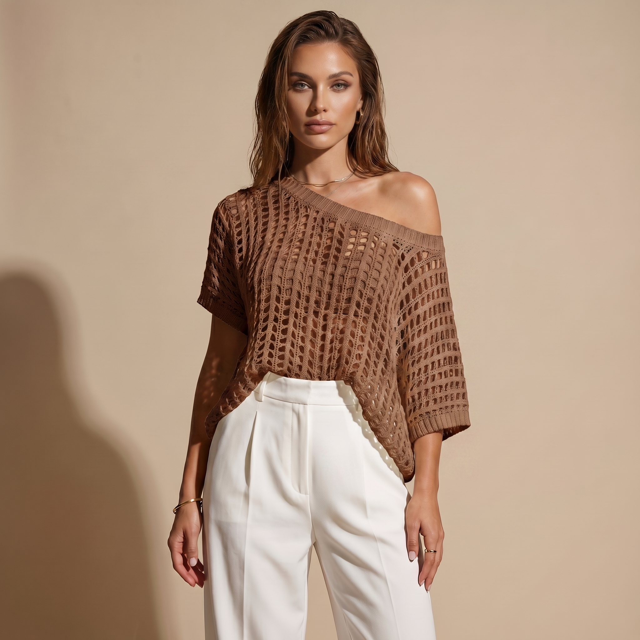 Casual Crochet Knit Off-Shoulder Top