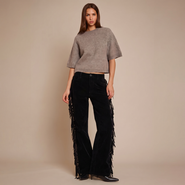Fringe Detail High-Waist Flared Black Jeans