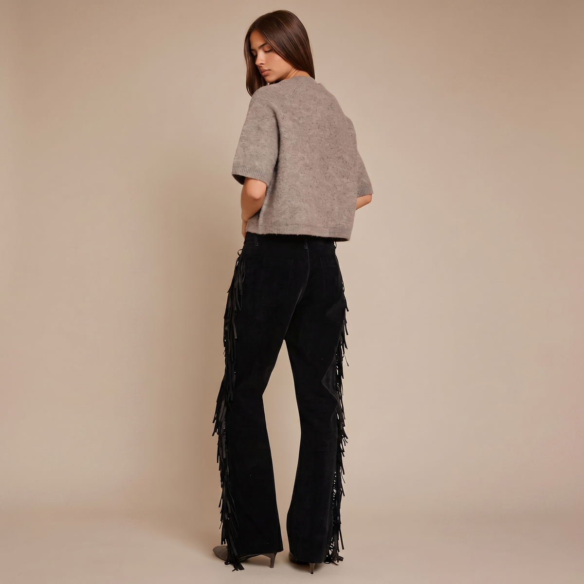 Fringe Detail High-Waist Flared Black Jeans