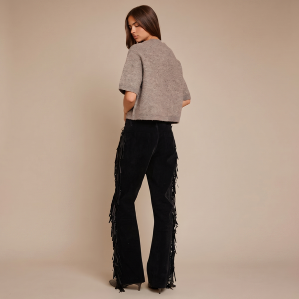 Fringe Detail High-Waist Flared Black Jeans