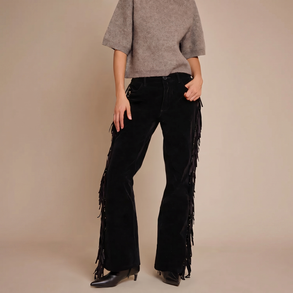 Fringe Detail High-Waist Flared Black Jeans