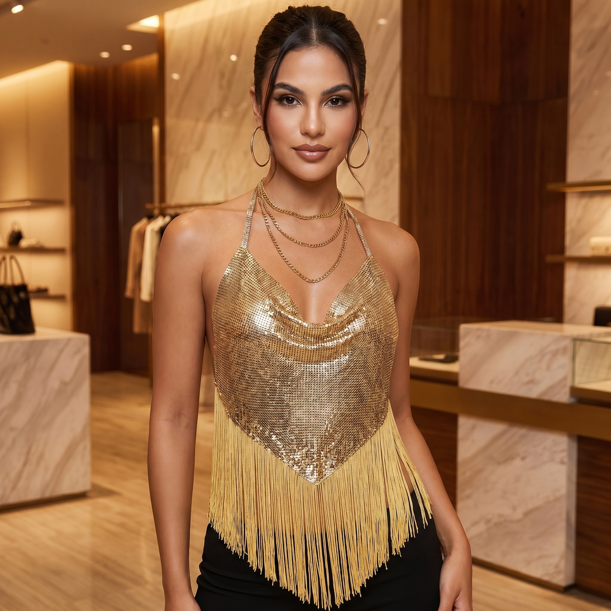 Gold Sequin Halter Fringe Dress – Glamorous Backless Party Outfit
