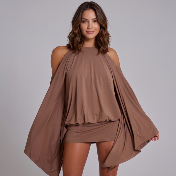 ✨ Mocha Goddess Open-Back Mini Dress with Gold Details ✨