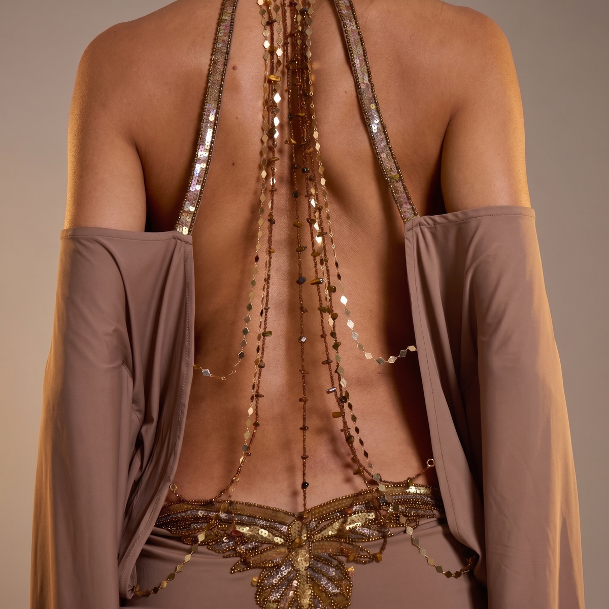 ✨ Mocha Goddess Open-Back Mini Dress with Gold Details ✨