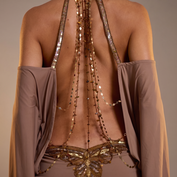 ✨ Mocha Goddess Open-Back Mini Dress with Gold Details ✨