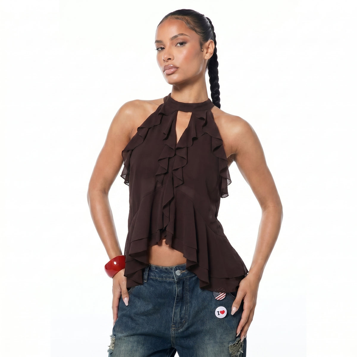 Chic Chocolate Ruffled Blouse