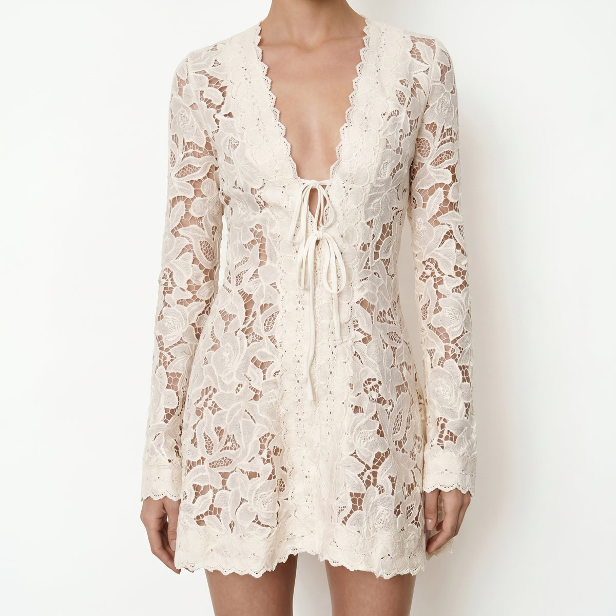 Ivory Lace Tie-Front Mini Dress – Romantic Long Sleeve Floral Cover-Up