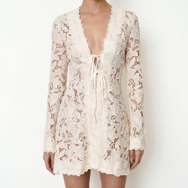 Ivory Lace Tie-Front Mini Dress – Romantic Long Sleeve Floral Cover-Up