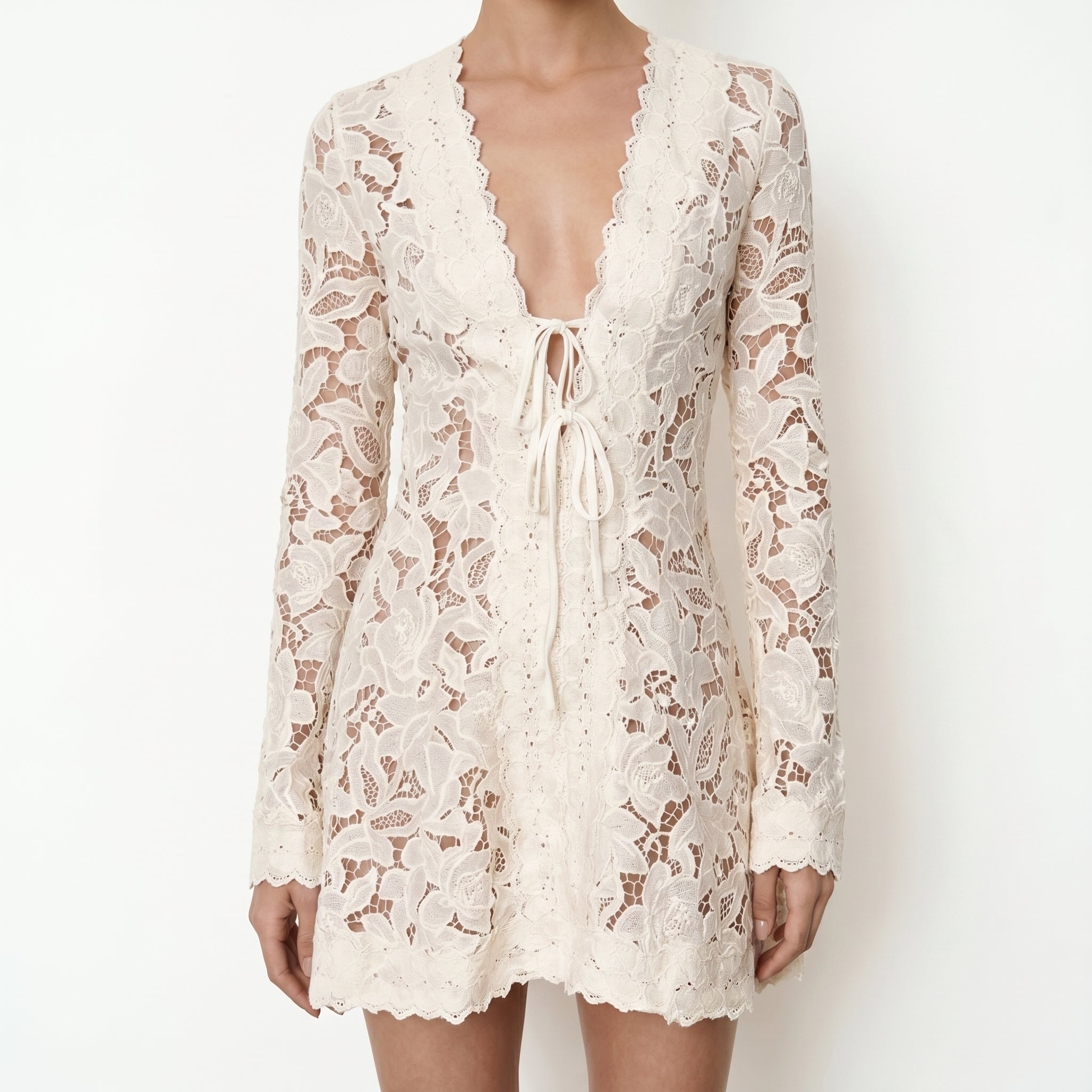 Ivory Lace Tie-Front Mini Dress – Romantic Long Sleeve Floral Cover-Up