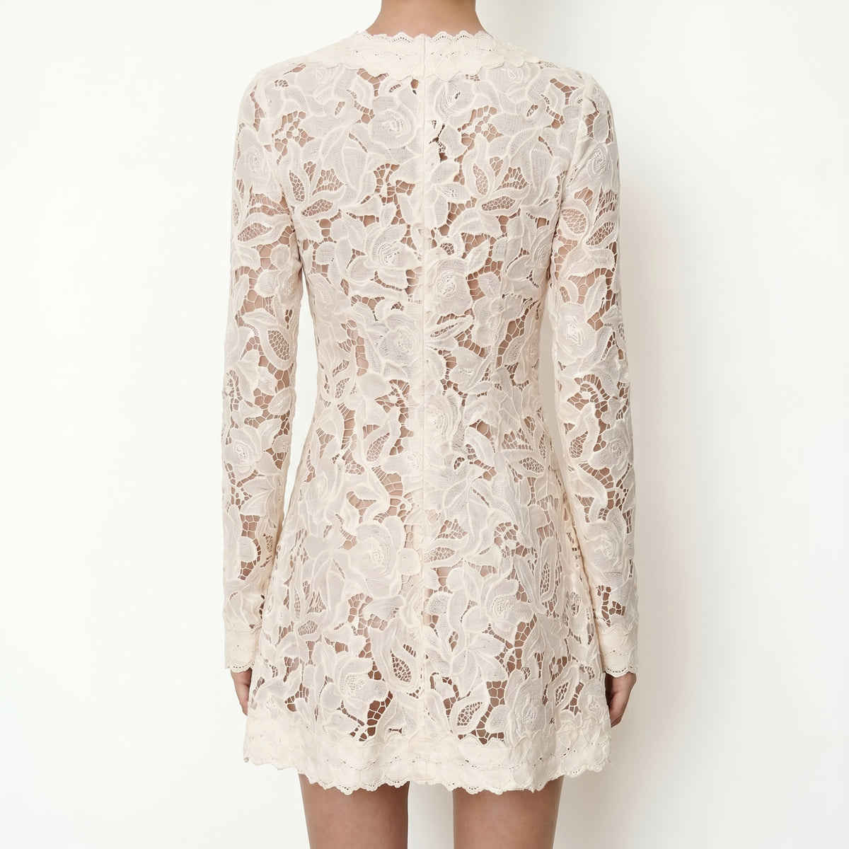 Ivory Lace Tie-Front Mini Dress – Romantic Long Sleeve Floral Cover-Up