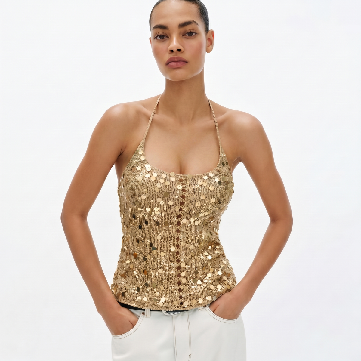 Gold Sequin Crochet Halter Top