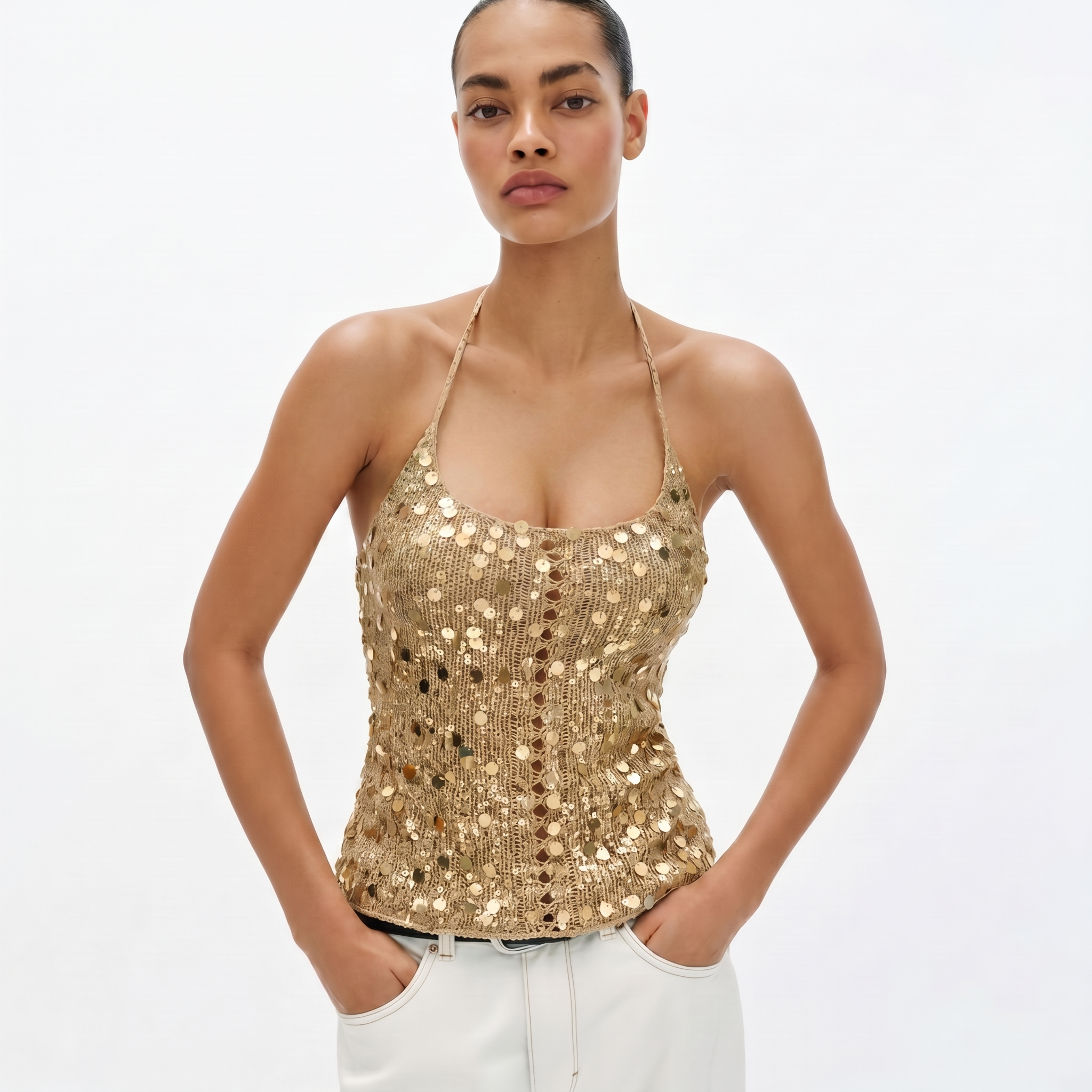 Gold Sequin Crochet Halter Top