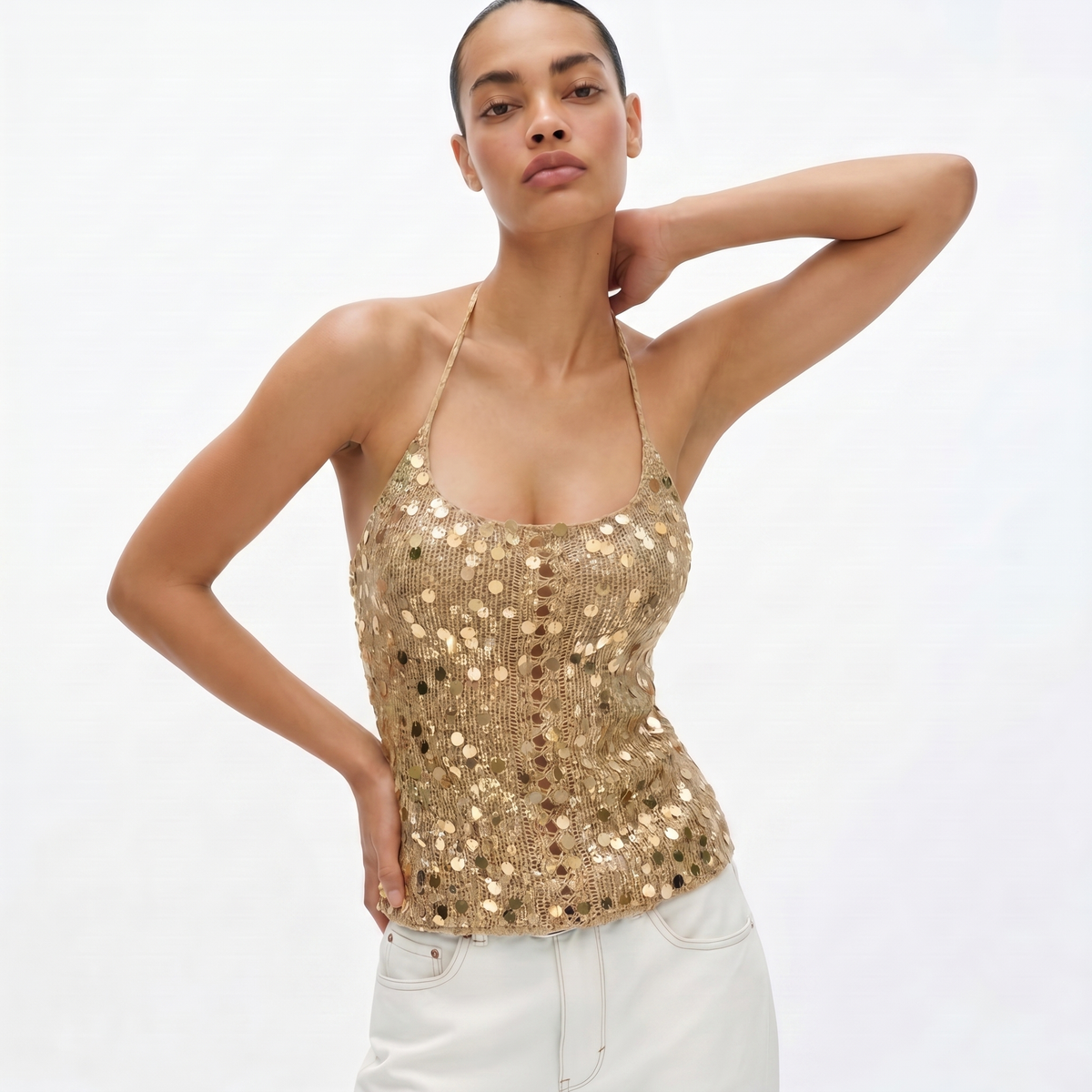Gold Sequin Crochet Halter Top