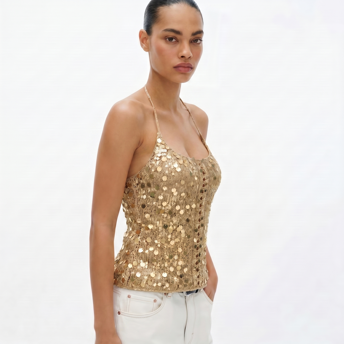 Gold Sequin Crochet Halter Top