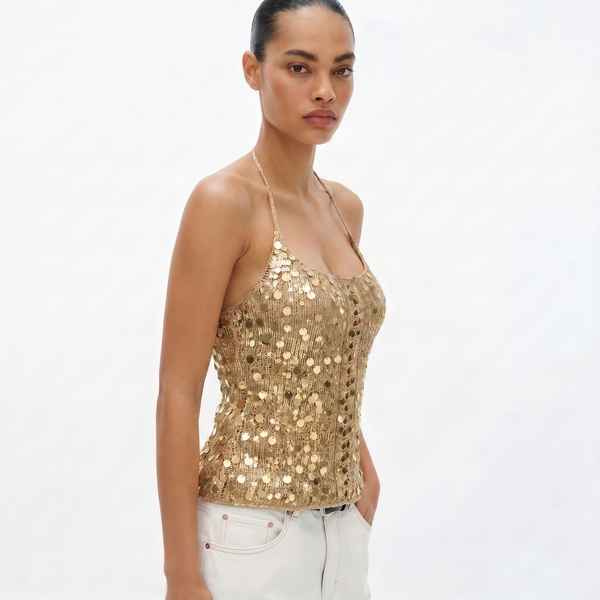 Gold Sequin Crochet Halter Top