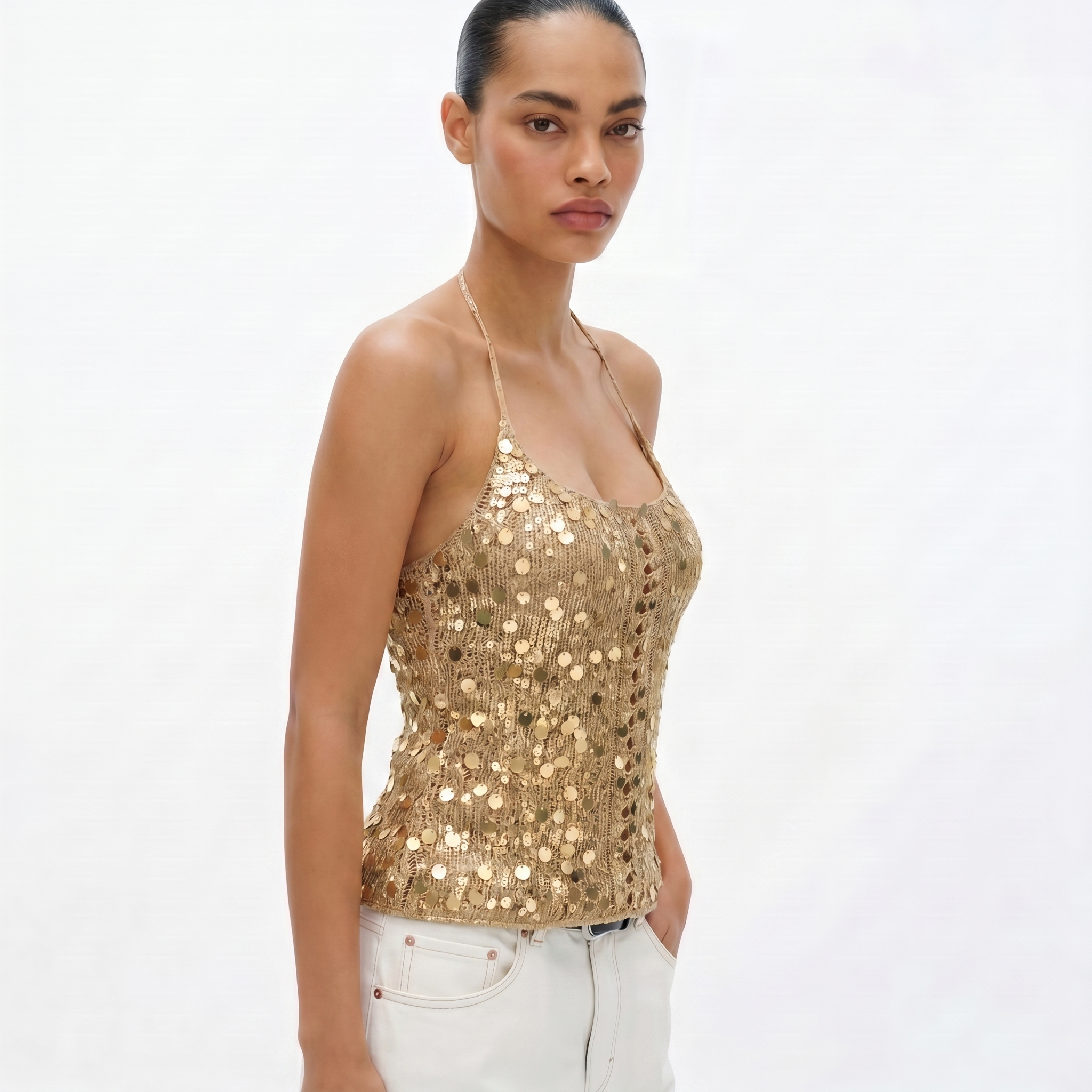 Gold Sequin Crochet Halter Top