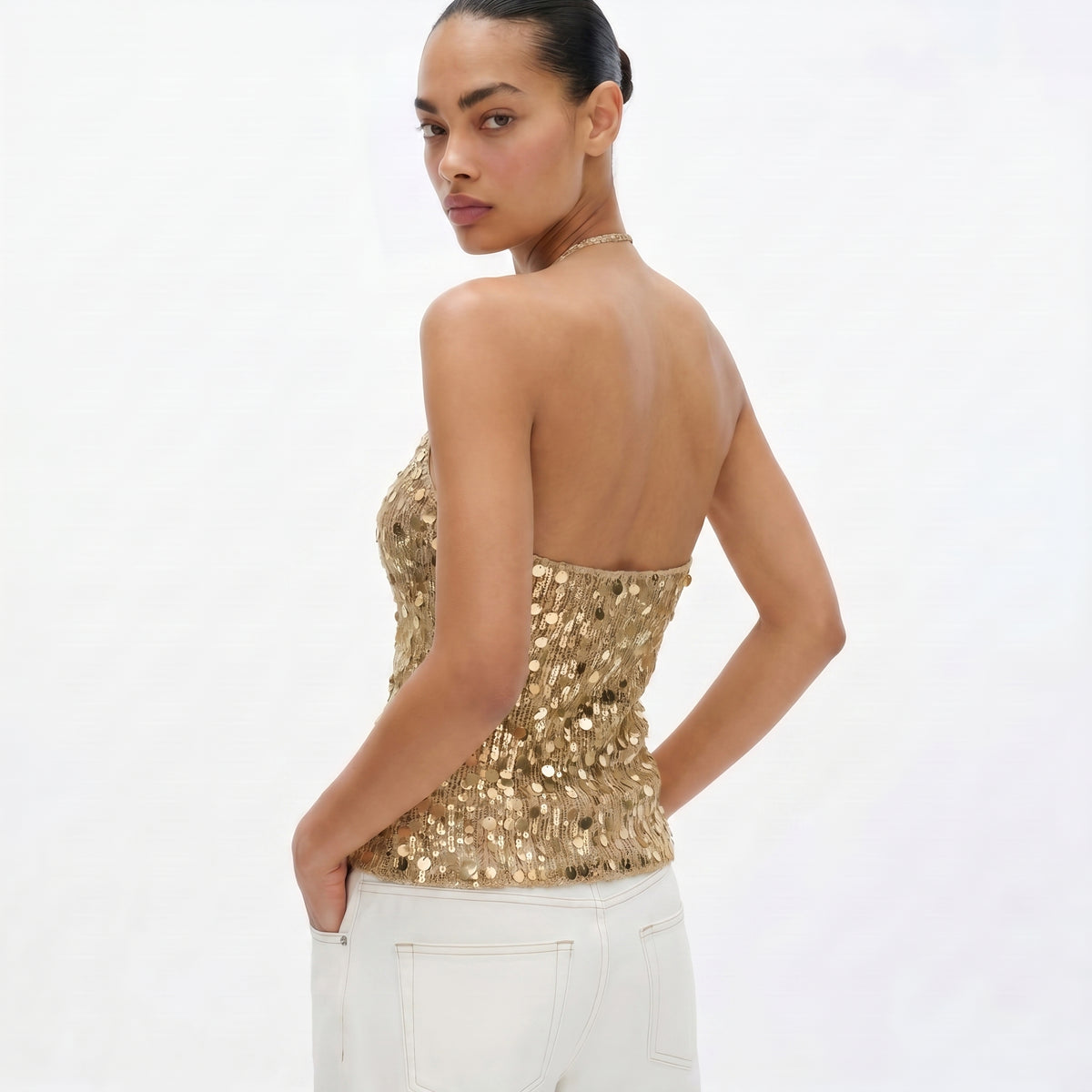 Gold Sequin Crochet Halter Top