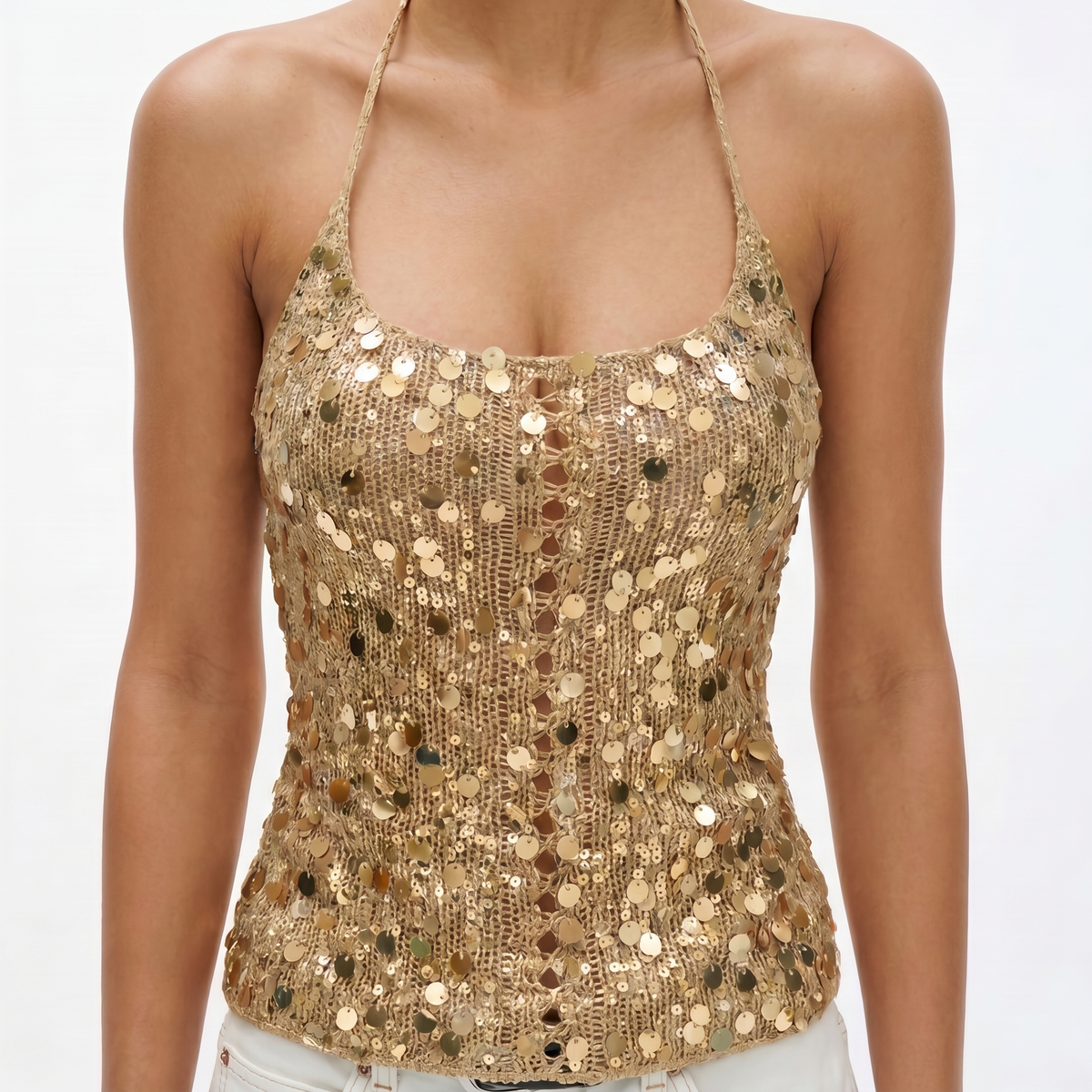 Gold Sequin Crochet Halter Top