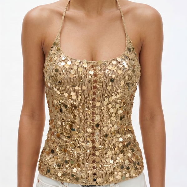 Gold Sequin Crochet Halter Top