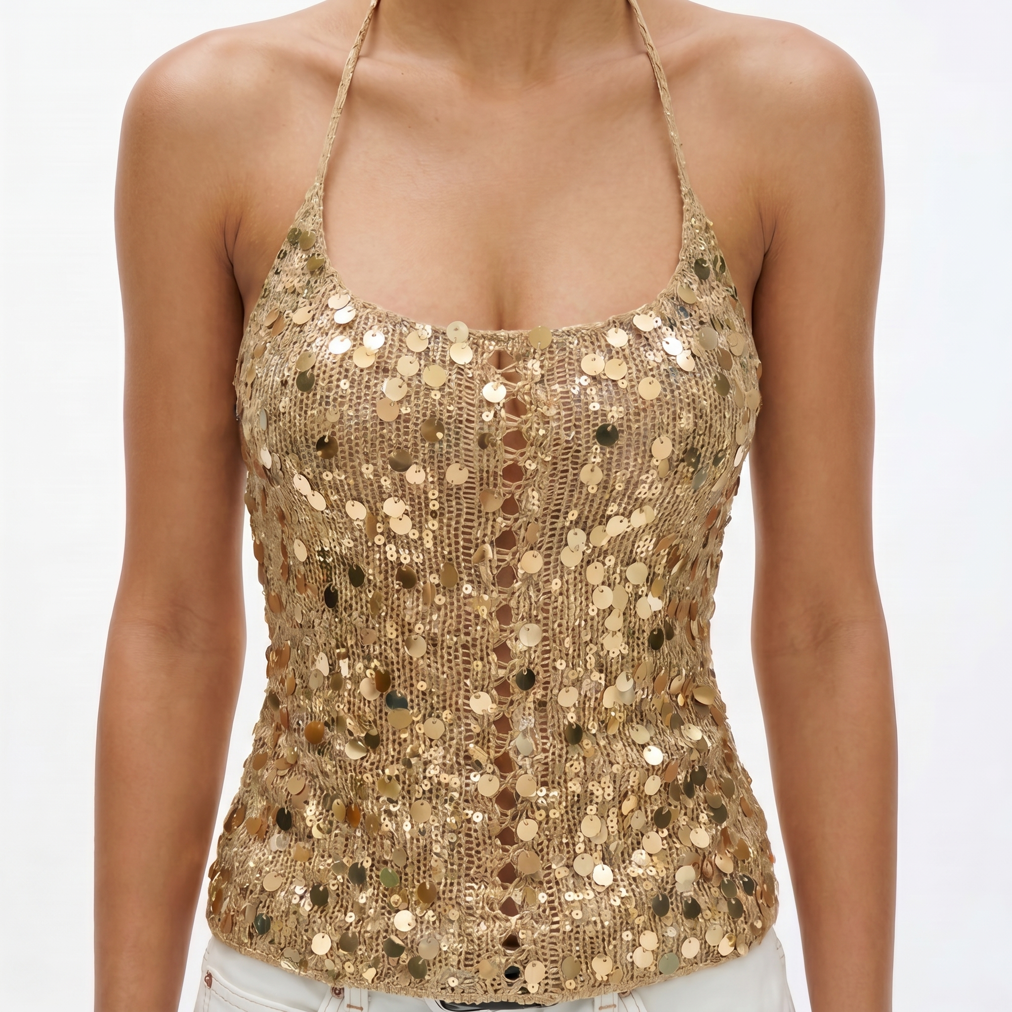 Gold Sequin Crochet Halter Top