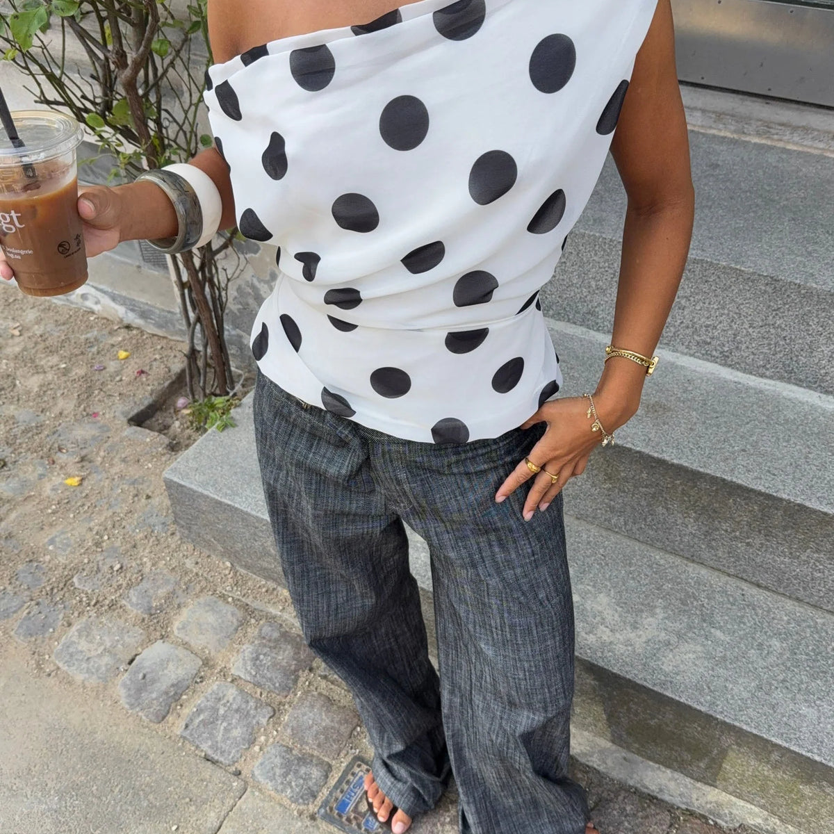 Trendy Polka Dot One-Shoulder Top – Stylish & Comfortable for Everyday Wear