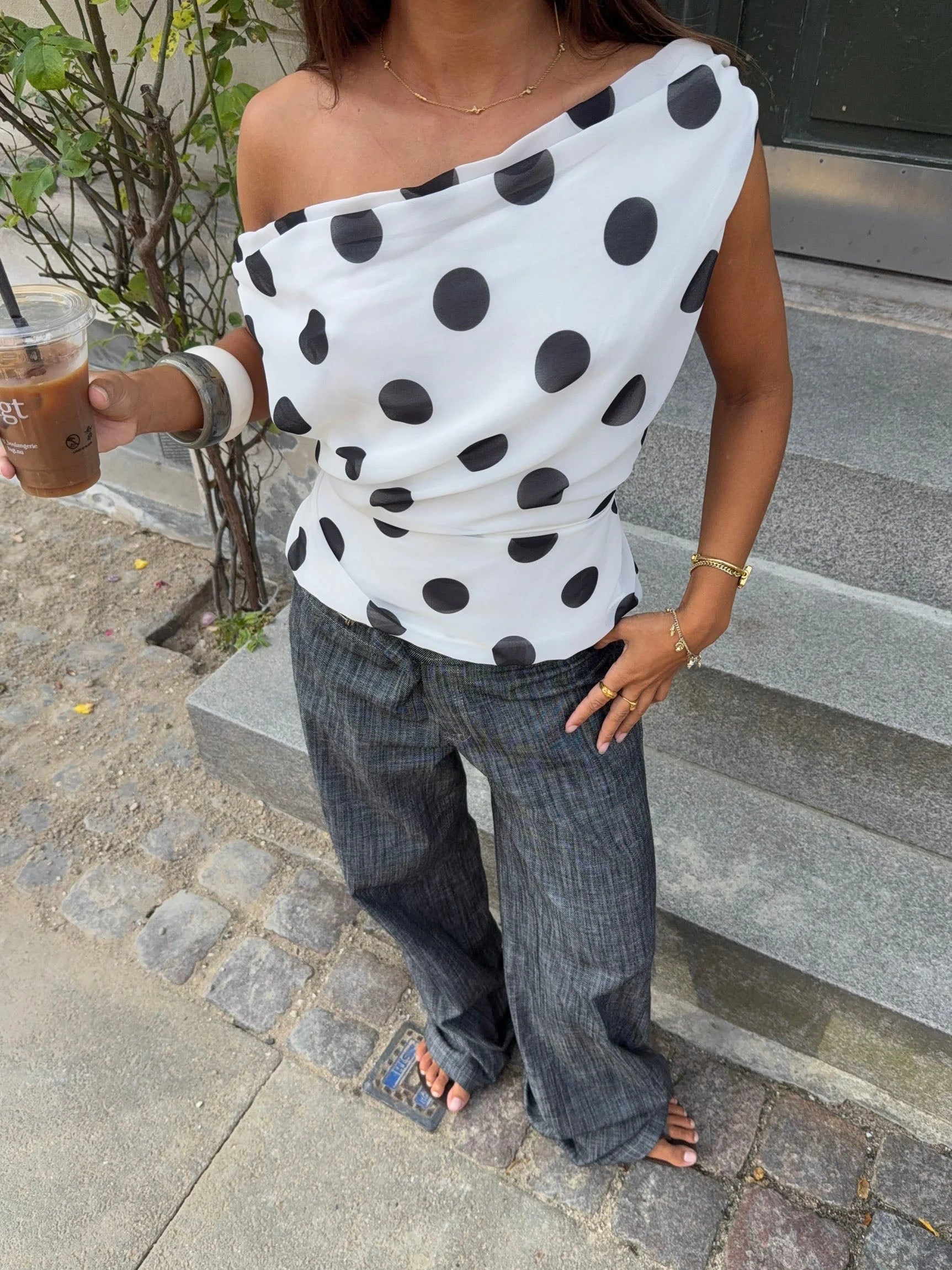 Trendy Polka Dot One-Shoulder Top – Stylish & Comfortable for Everyday Wear