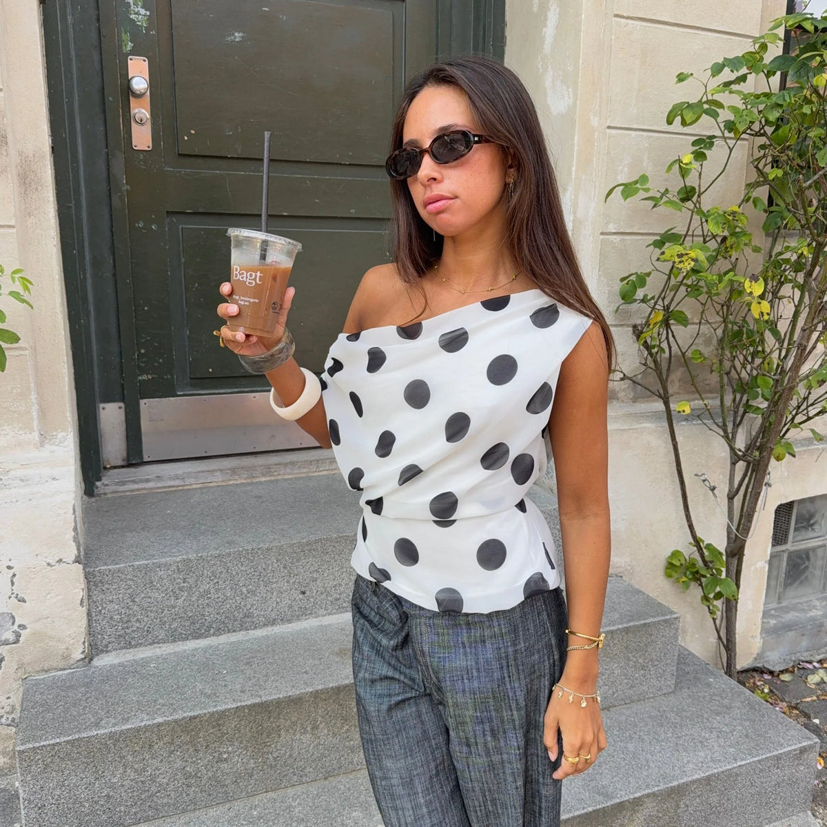 Trendy Polka Dot One-Shoulder Top – Stylish & Comfortable for Everyday Wear